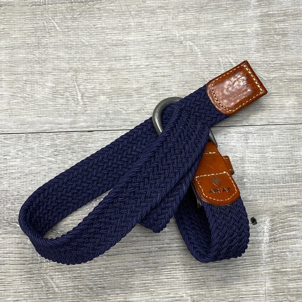 Ariat Belt Braided‎ Stretch Mens Medium Navy Blue Leather Trim Equestrian Casual